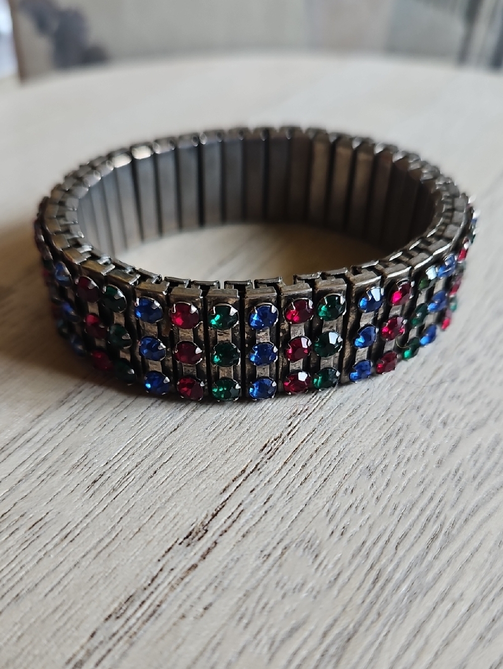 Vintage Expansion Bracelet with Red Blue and Green Rhinestones - Picture 6 of 7